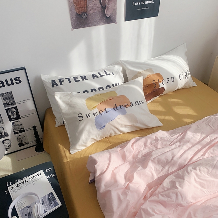 91家纺网 家纺一手货源 找家纺 柚可家居 2024新款定版枕套水洗棉四件套 美式奶泡 粉紫+黄