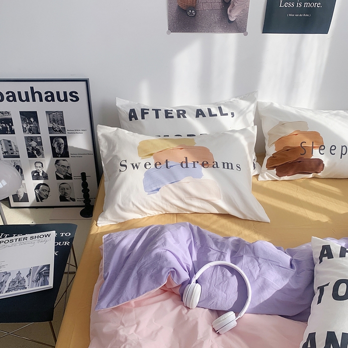 91家纺网 家纺一手货源 找家纺 柚可家居 2024新款定版枕套水洗棉四件套 美式奶泡 粉紫+黄