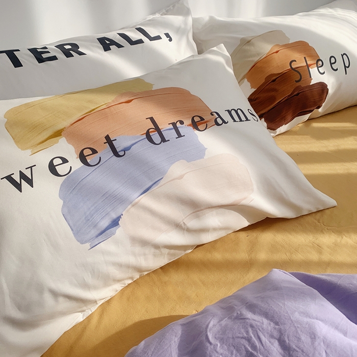 91家纺网 家纺一手货源 找家纺 柚可家居 2024新款定版枕套水洗棉四件套 美式奶泡 粉紫+黄