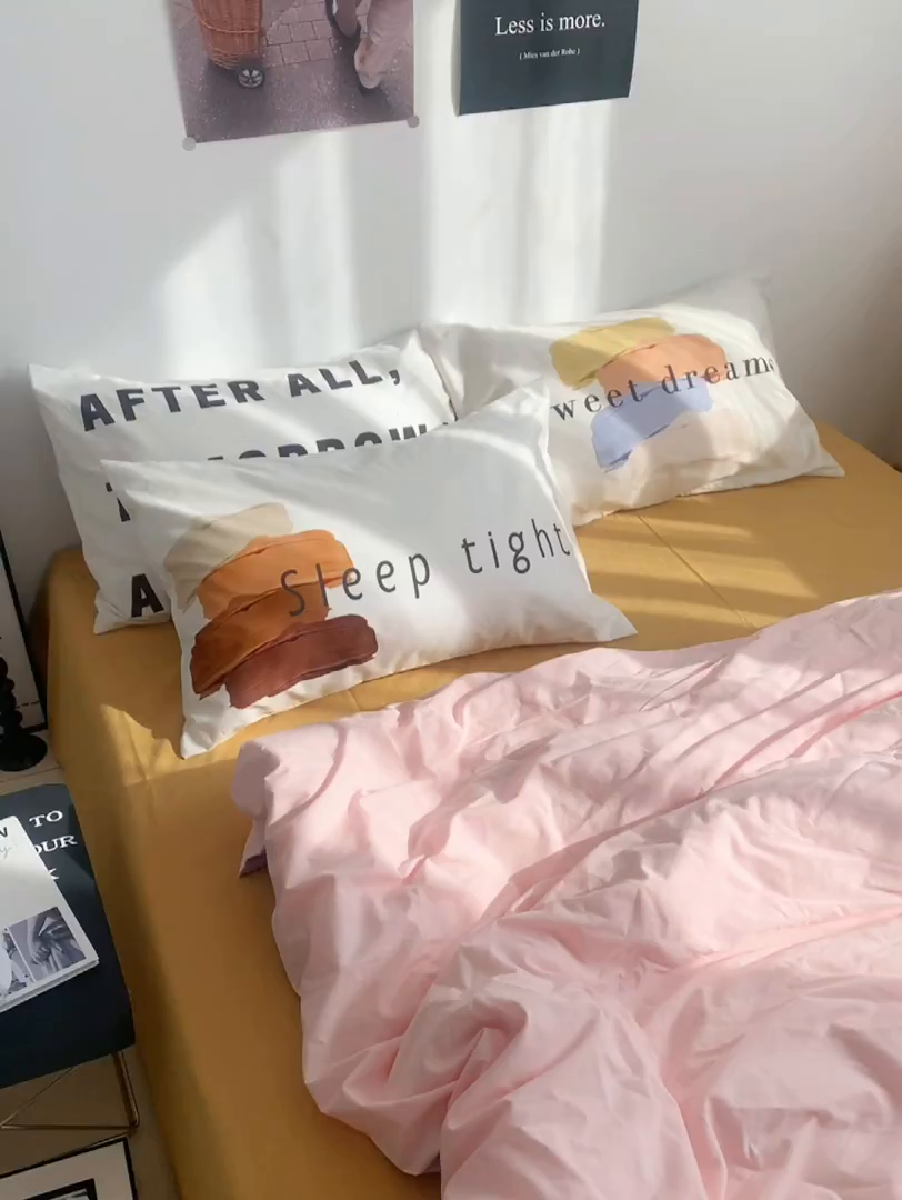 91家纺网 家纺一手货源 找家纺 柚可家居 2024新款定版枕套水洗棉四件套 美式奶泡 粉紫+黄
