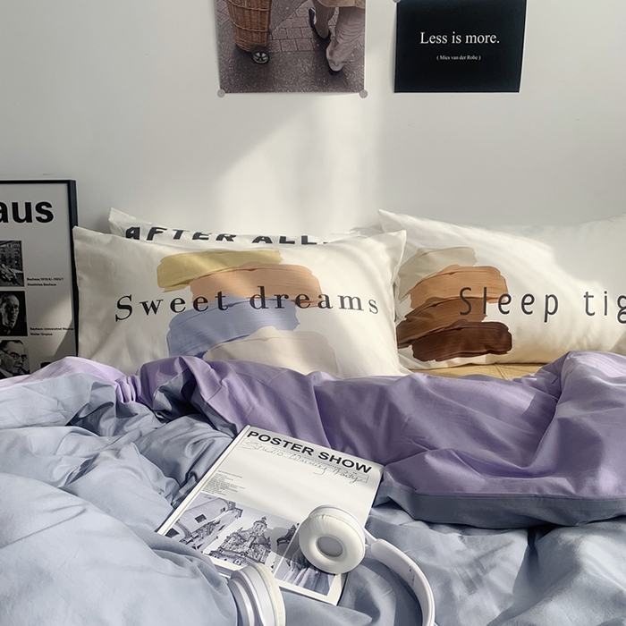 91家纺网 家纺一手货源 找家纺 柚可家居 2024新款定版枕套水洗棉四件套 美式奶泡 蓝紫+黄