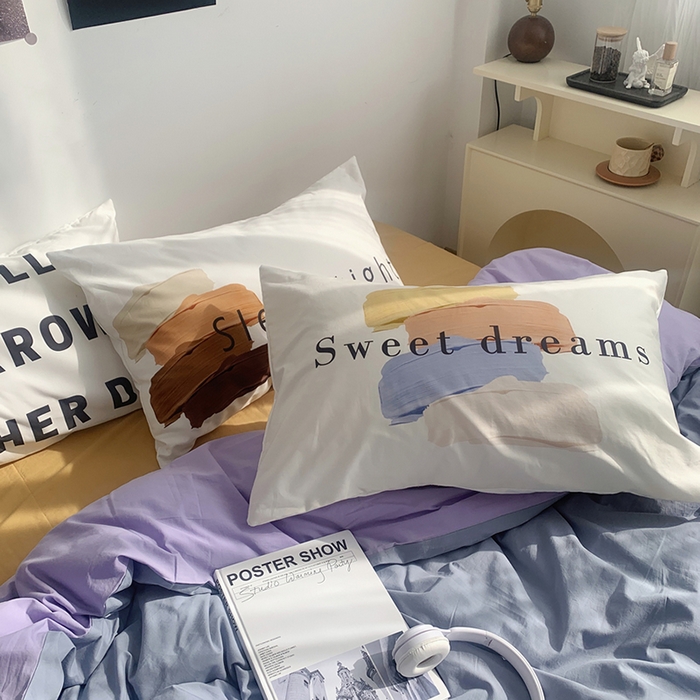 91家纺网 家纺一手货源 找家纺 柚可家居 2024新款定版枕套水洗棉四件套 美式奶泡 蓝紫+黄