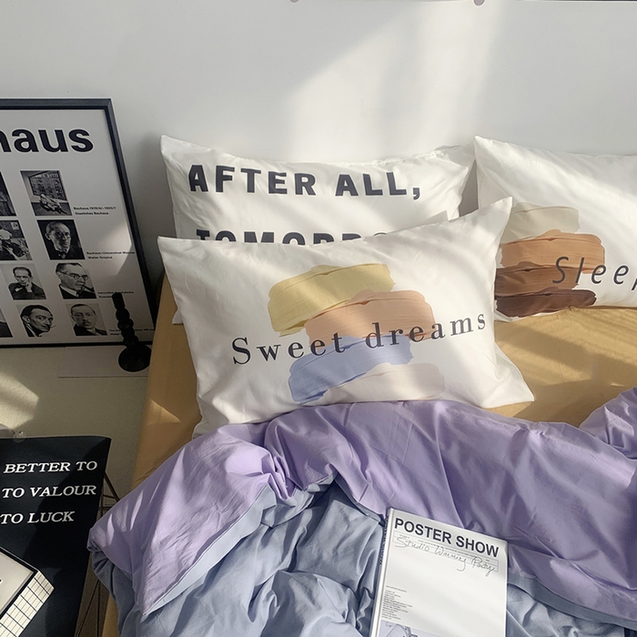 91家纺网 家纺一手货源 找家纺 柚可家居 2024新款定版枕套水洗棉四件套 美式奶泡 蓝紫+黄