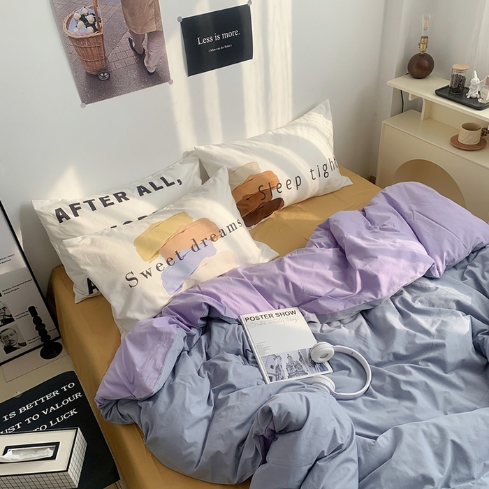 91家纺网 家纺一手货源 找家纺 柚可家居 2024新款定版枕套水洗棉四件套 美式奶泡 蓝紫+黄