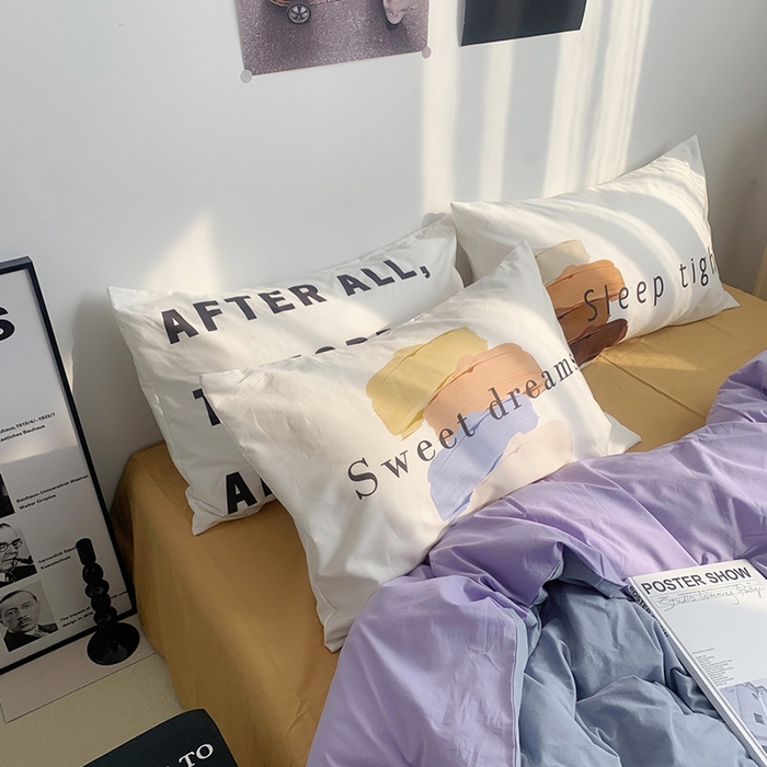 91家纺网 家纺一手货源 找家纺 柚可家居 2024新款定版枕套水洗棉四件套 美式奶泡 蓝紫+黄