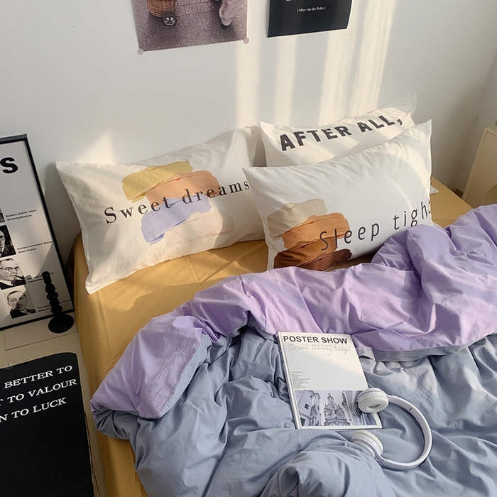 91家纺网 家纺一手货源 找家纺 柚可家居 2024新款定版枕套水洗棉四件套 美式奶泡 蓝紫+黄