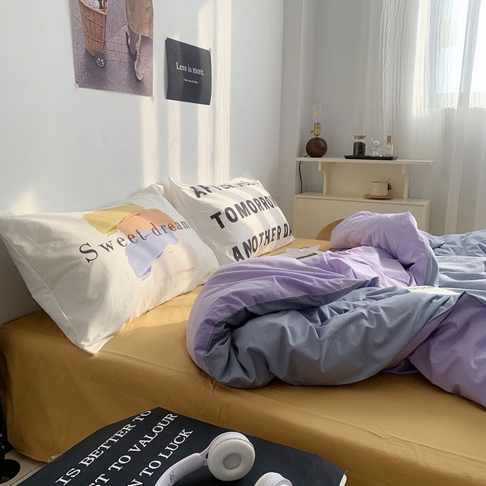 91家纺网 家纺一手货源 找家纺 柚可家居 2024新款定版枕套水洗棉四件套 美式奶泡 蓝紫+黄