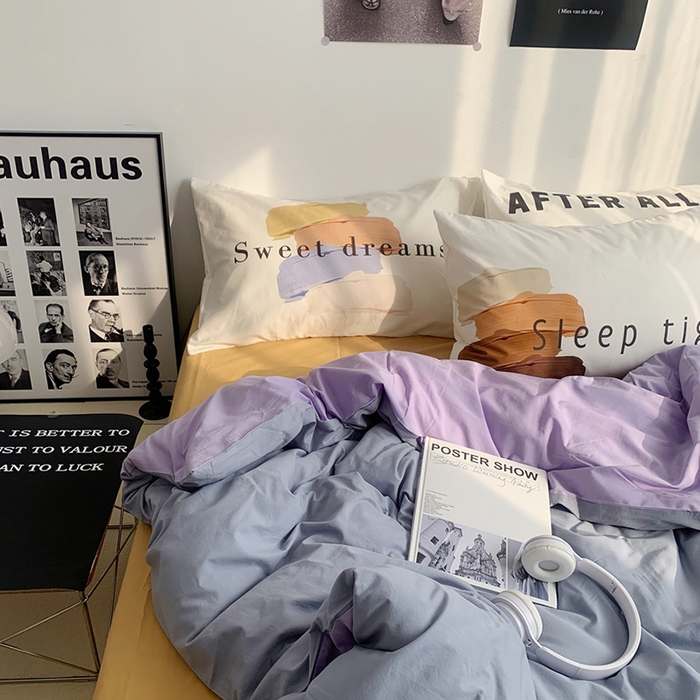 91家纺网 家纺一手货源 找家纺 柚可家居 2024新款定版枕套水洗棉四件套 美式奶泡 蓝紫+黄