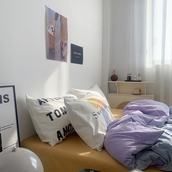 91家纺网 家纺一手货源 找家纺 柚可家居 2024新款定版枕套水洗棉四件套 美式奶泡 蓝紫+黄