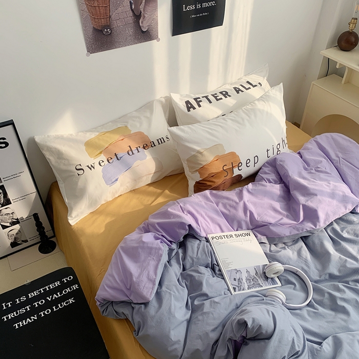 91家纺网 家纺一手货源 找家纺 柚可家居 2024新款定版枕套水洗棉四件套 美式奶泡 蓝紫+黄