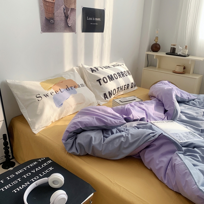 91家纺网 家纺一手货源 找家纺 柚可家居 2024新款定版枕套水洗棉四件套 美式奶泡 蓝紫+黄