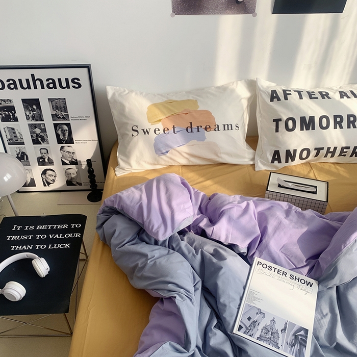 91家纺网 家纺一手货源 找家纺 柚可家居 2024新款定版枕套水洗棉四件套 美式奶泡 蓝紫+黄