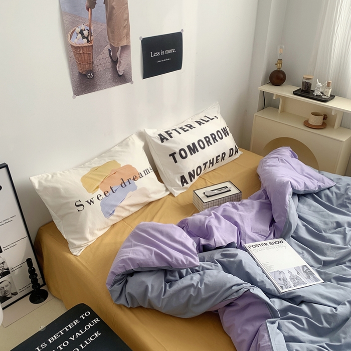 91家纺网 家纺一手货源 找家纺 柚可家居 2024新款定版枕套水洗棉四件套 美式奶泡 蓝紫+黄