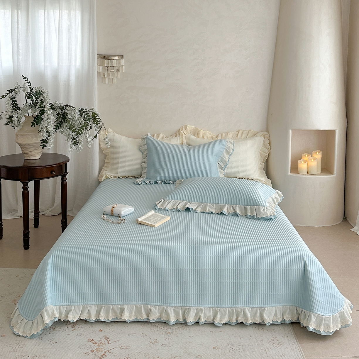 91家纺网 家纺一手货源 找家纺 （总）琳可家居 2025新款轻法系列双层花边100%莱赛尔纤维床盖三件套可搭配同款被套（提供买家秀）