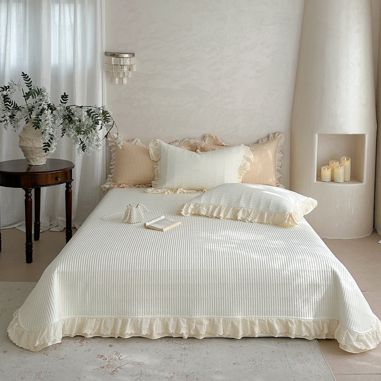 91家纺网 家纺一手货源 找家纺 （总）琳可家居 2025新款轻法系列双层花边100%莱赛尔纤维床盖三件套可搭配同款被套（提供买家秀）