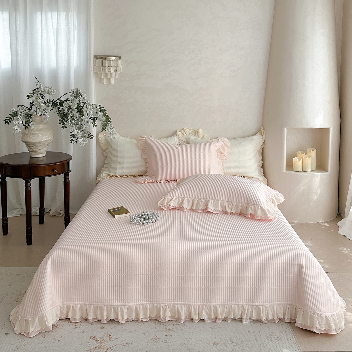 91家纺网 家纺一手货源 找家纺 （总）琳可家居 2025新款轻法系列双层花边100%莱赛尔纤维床盖三件套可搭配同款被套（提供买家秀）