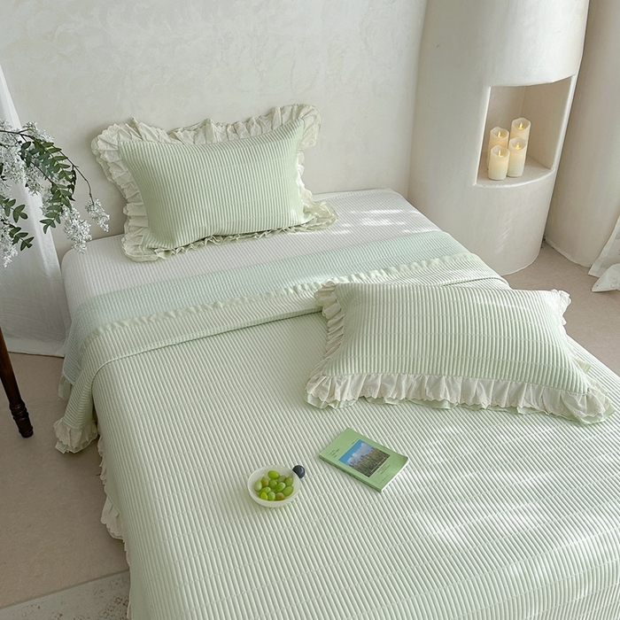 91家纺网 家纺一手货源 找家纺 琳可家居 2025新款轻法系列双层花边100%莱赛尔纤维床盖三件套可搭配同款被套（提供买家秀） 茶椰绿
