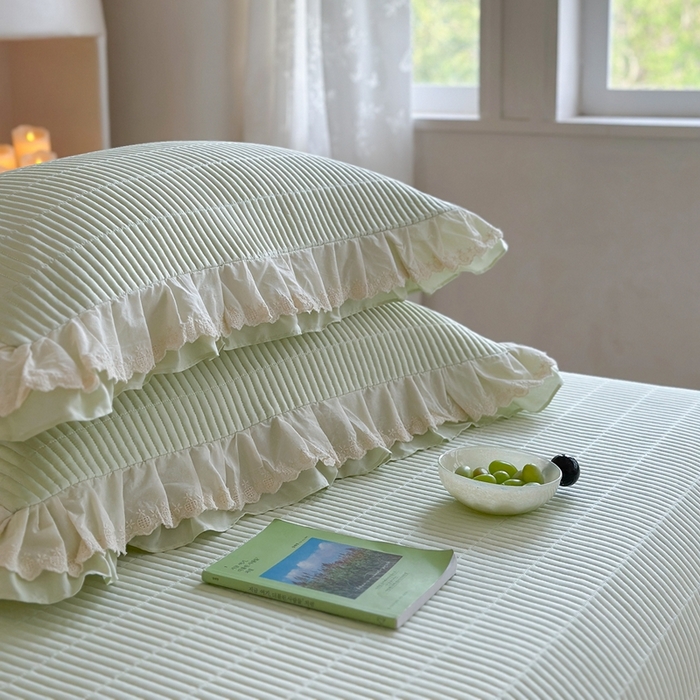 91家纺网 家纺一手货源 找家纺 琳可家居 2025新款轻法系列双层花边100%莱赛尔纤维床盖三件套可搭配同款被套（提供买家秀） 茶椰绿