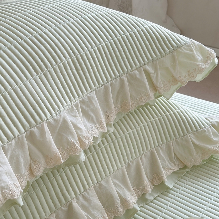 91家纺网 家纺一手货源 找家纺 琳可家居 2025新款轻法系列双层花边100%莱赛尔纤维床盖三件套可搭配同款被套（提供买家秀） 茶椰绿