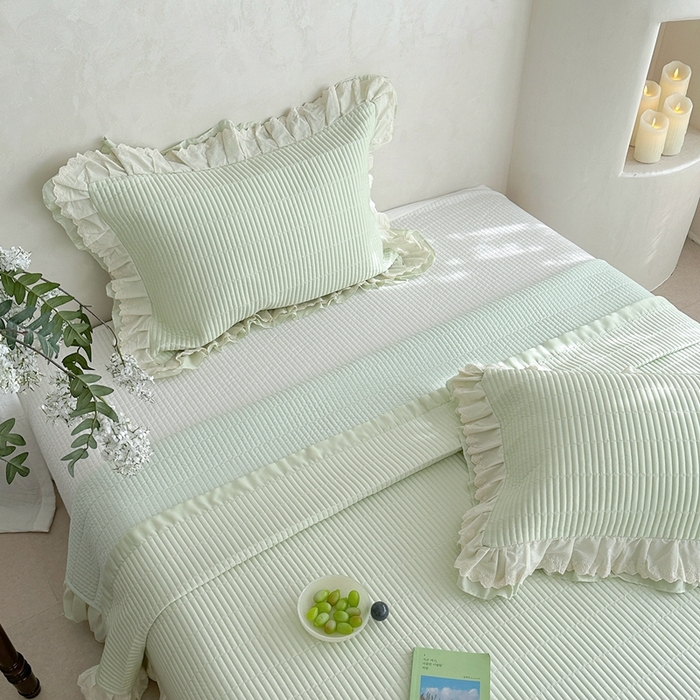 91家纺网 家纺一手货源 找家纺 琳可家居 2025新款轻法系列双层花边100%莱赛尔纤维床盖三件套可搭配同款被套（提供买家秀） 茶椰绿