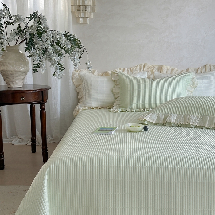 91家纺网 家纺一手货源 找家纺 琳可家居 2025新款轻法系列双层花边100%莱赛尔纤维床盖三件套可搭配同款被套（提供买家秀） 茶椰绿