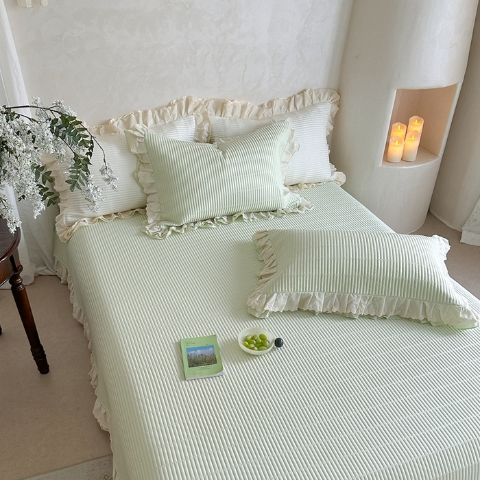 91家纺网 家纺一手货源 找家纺 琳可家居 2025新款轻法系列双层花边100%莱赛尔纤维床盖三件套可搭配同款被套（提供买家秀） 茶椰绿