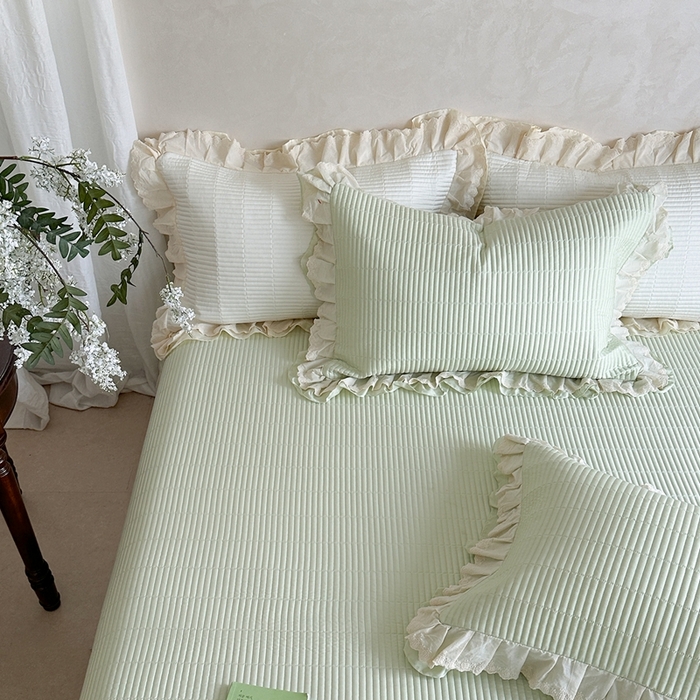 91家纺网 家纺一手货源 找家纺 琳可家居 2025新款轻法系列双层花边100%莱赛尔纤维床盖三件套可搭配同款被套（提供买家秀） 茶椰绿