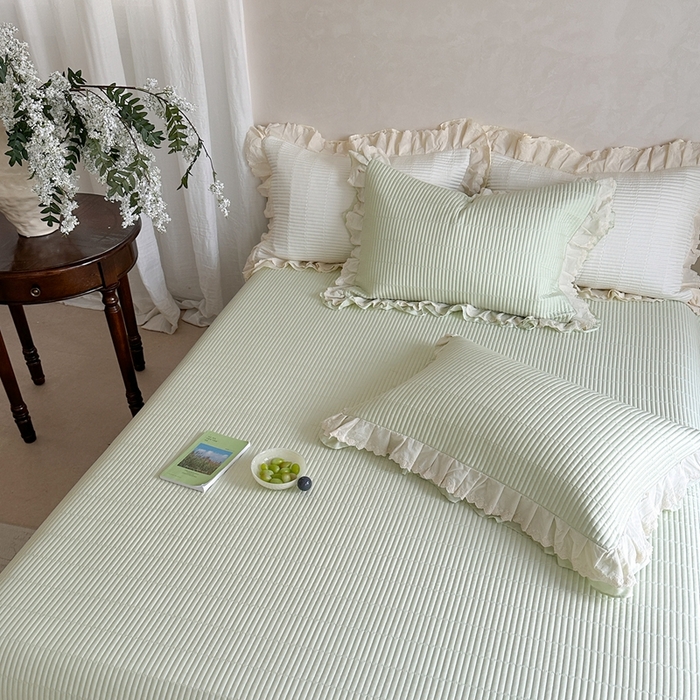 91家纺网 家纺一手货源 找家纺 琳可家居 2025新款轻法系列双层花边100%莱赛尔纤维床盖三件套可搭配同款被套（提供买家秀） 茶椰绿