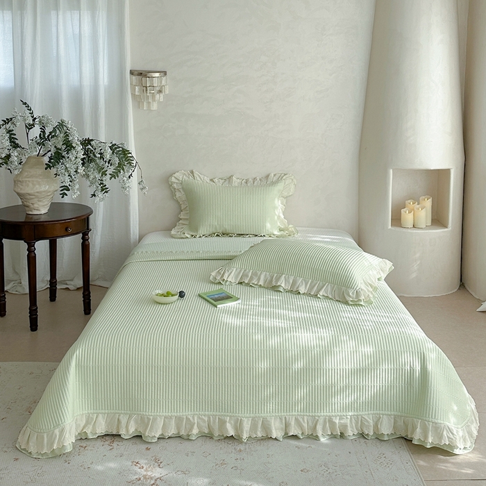 91家纺网 家纺一手货源 找家纺 琳可家居 2025新款轻法系列双层花边100%莱赛尔纤维床盖三件套可搭配同款被套（提供买家秀） 茶椰绿