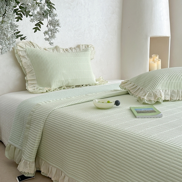 91家纺网 家纺一手货源 找家纺 琳可家居 2025新款轻法系列双层花边100%莱赛尔纤维床盖三件套可搭配同款被套（提供买家秀） 茶椰绿