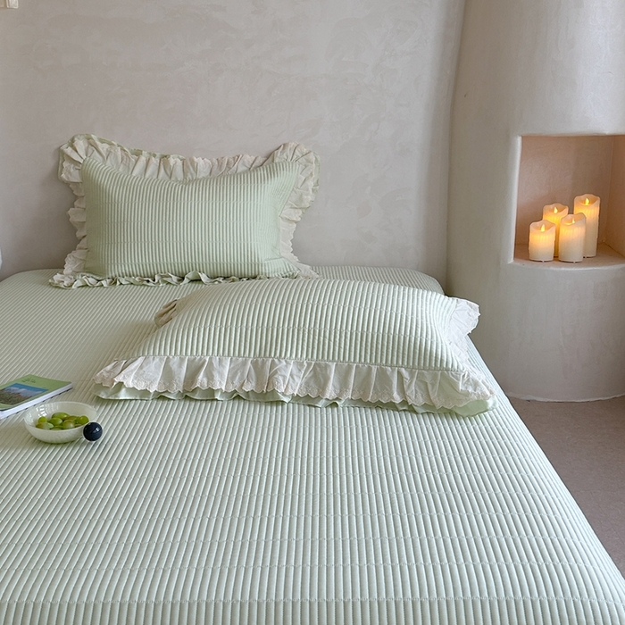 91家纺网 家纺一手货源 找家纺 琳可家居 2025新款轻法系列双层花边100%莱赛尔纤维床盖三件套可搭配同款被套（提供买家秀） 茶椰绿