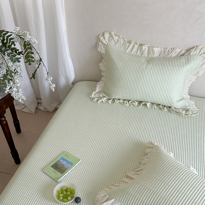 91家纺网 家纺一手货源 找家纺 琳可家居 2025新款轻法系列双层花边100%莱赛尔纤维床盖三件套可搭配同款被套（提供买家秀） 茶椰绿