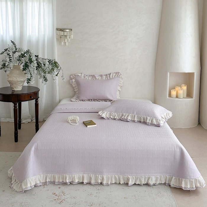 91家纺网 家纺一手货源 找家纺 琳可家居 2025新款轻法系列双层花边100%莱赛尔纤维床盖三件套可搭配同款被套（提供买家秀） 莫兰紫