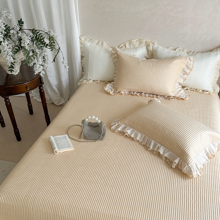 91家纺网 家纺一手货源 找家纺 琳可家居 2025新款轻法系列双层花边100%莱赛尔纤维床盖三件套可搭配同款被套（提供买家秀） 奶油杏