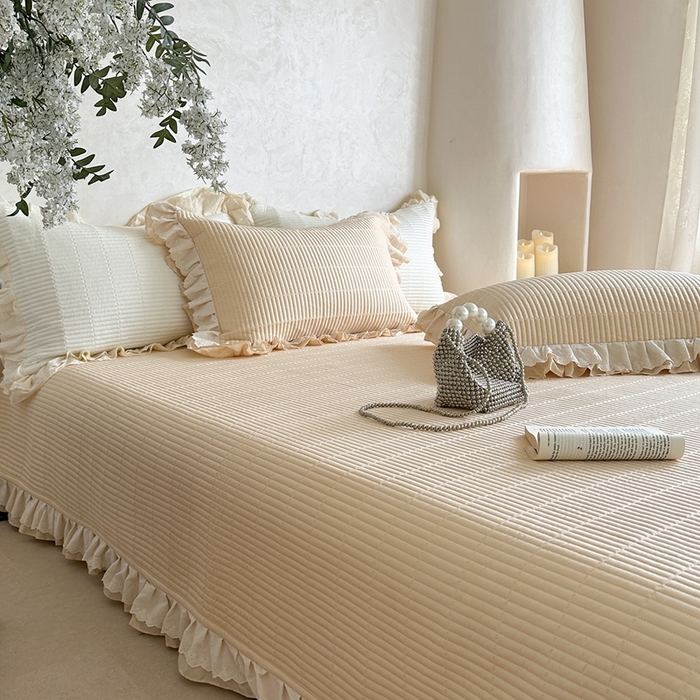 91家纺网 家纺一手货源 找家纺 琳可家居 2025新款轻法系列双层花边100%莱赛尔纤维床盖三件套可搭配同款被套（提供买家秀） 奶油杏