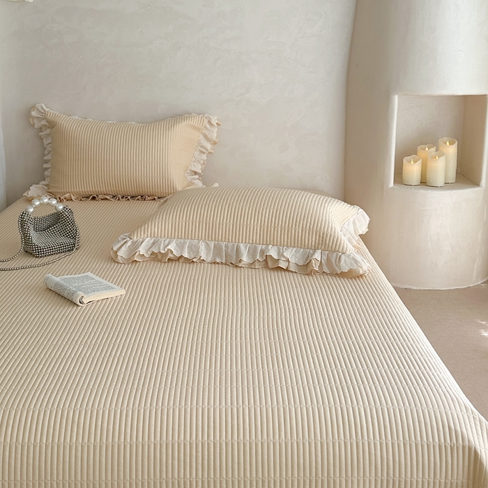 91家纺网 家纺一手货源 找家纺 琳可家居 2025新款轻法系列双层花边100%莱赛尔纤维床盖三件套可搭配同款被套（提供买家秀） 奶油杏