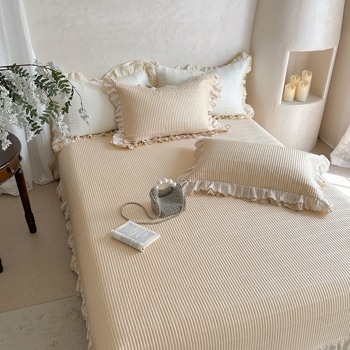 91家纺网 家纺一手货源 找家纺 琳可家居 2025新款轻法系列双层花边100%莱赛尔纤维床盖三件套可搭配同款被套（提供买家秀） 奶油杏