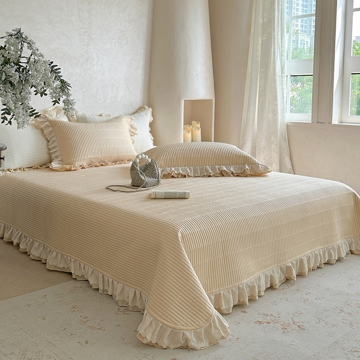 91家纺网 家纺一手货源 找家纺 琳可家居 2025新款轻法系列双层花边100%莱赛尔纤维床盖三件套可搭配同款被套（提供买家秀） 奶油杏