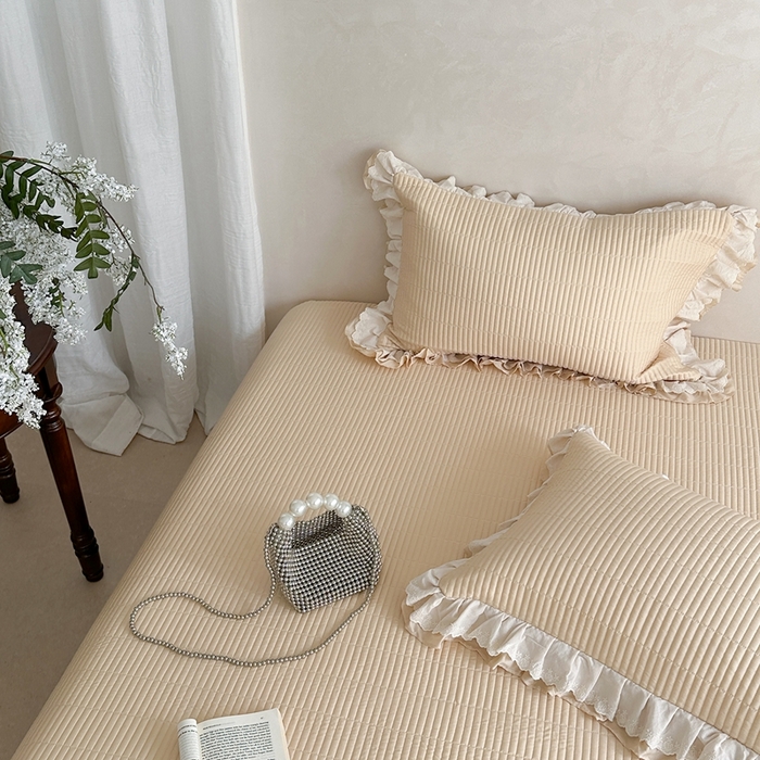 91家纺网 家纺一手货源 找家纺 琳可家居 2025新款轻法系列双层花边100%莱赛尔纤维床盖三件套可搭配同款被套（提供买家秀） 奶油杏