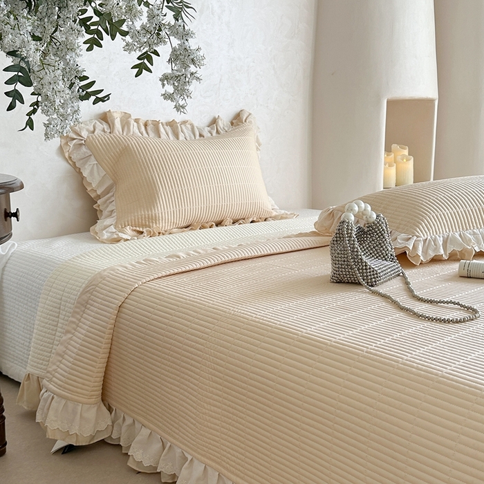 91家纺网 家纺一手货源 找家纺 琳可家居 2025新款轻法系列双层花边100%莱赛尔纤维床盖三件套可搭配同款被套（提供买家秀） 奶油杏