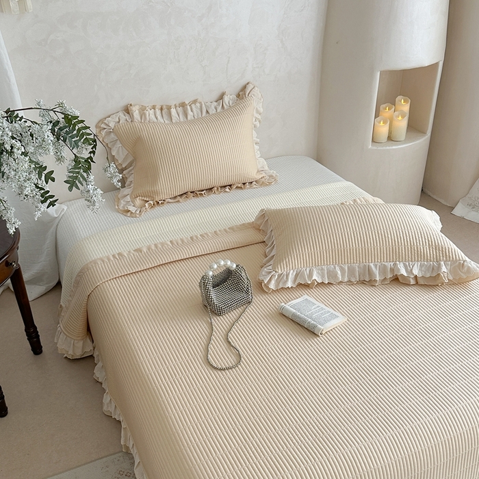 91家纺网 家纺一手货源 找家纺 琳可家居 2025新款轻法系列双层花边100%莱赛尔纤维床盖三件套可搭配同款被套（提供买家秀） 奶油杏