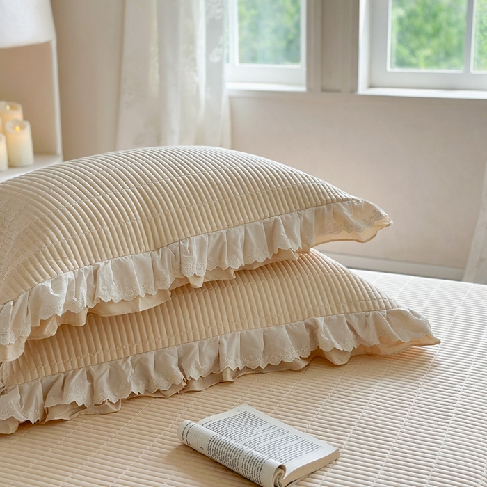 91家纺网 家纺一手货源 找家纺 琳可家居 2025新款轻法系列双层花边100%莱赛尔纤维床盖三件套可搭配同款被套（提供买家秀） 奶油杏