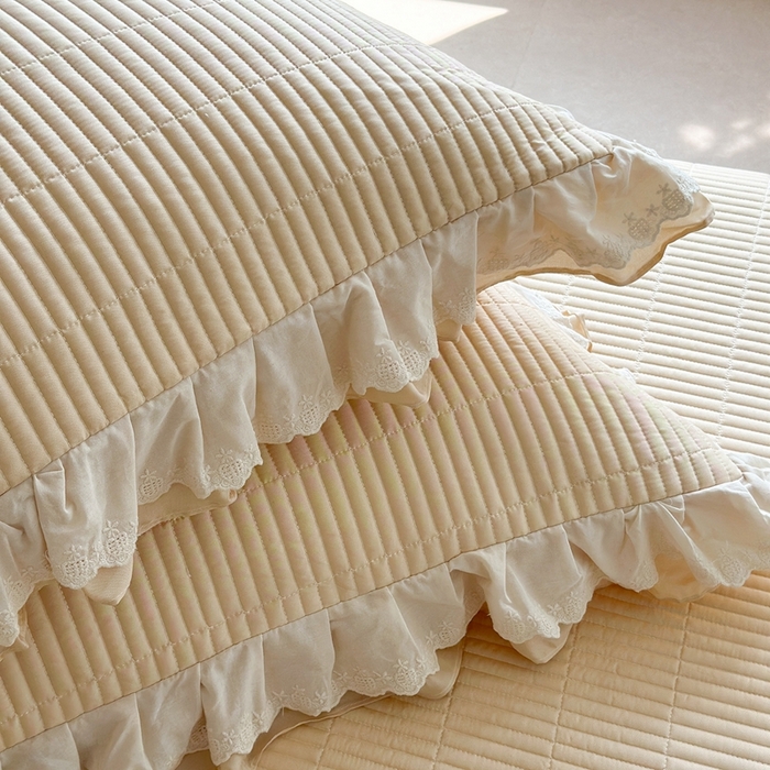 91家纺网 家纺一手货源 找家纺 琳可家居 2025新款轻法系列双层花边100%莱赛尔纤维床盖三件套可搭配同款被套（提供买家秀） 奶油杏