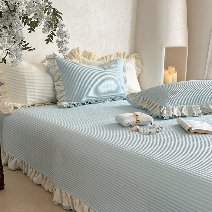 91家纺网 家纺一手货源 找家纺 琳可家居 2025新款轻法系列双层花边100%莱赛尔纤维床盖三件套可搭配同款被套（提供买家秀） 晴空蓝