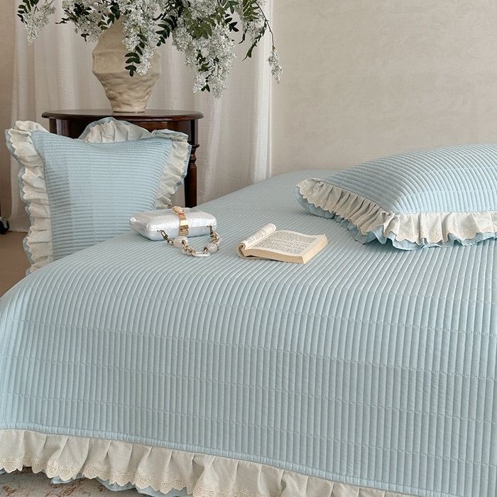 91家纺网 家纺一手货源 找家纺 琳可家居 2025新款轻法系列双层花边100%莱赛尔纤维床盖三件套可搭配同款被套（提供买家秀） 晴空蓝