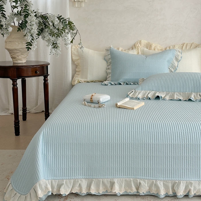 91家纺网 家纺一手货源 找家纺 琳可家居 2025新款轻法系列双层花边100%莱赛尔纤维床盖三件套可搭配同款被套（提供买家秀） 晴空蓝