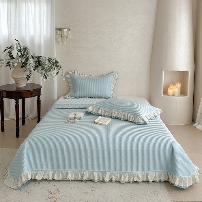 91家纺网 家纺一手货源 找家纺 琳可家居 2025新款轻法系列双层花边100%莱赛尔纤维床盖三件套可搭配同款被套（提供买家秀） 晴空蓝