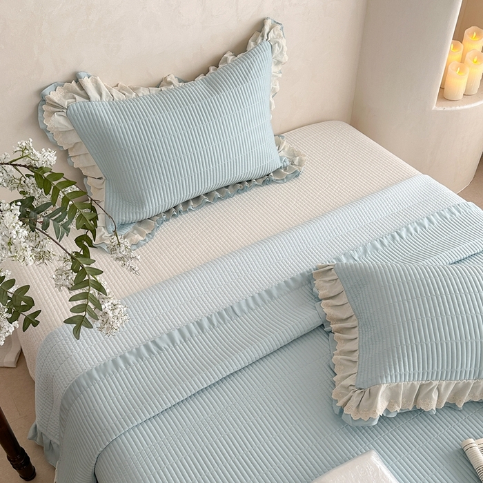 91家纺网 家纺一手货源 找家纺 琳可家居 2025新款轻法系列双层花边100%莱赛尔纤维床盖三件套可搭配同款被套（提供买家秀） 晴空蓝