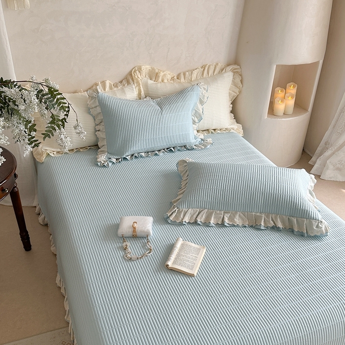 91家纺网 家纺一手货源 找家纺 琳可家居 2025新款轻法系列双层花边100%莱赛尔纤维床盖三件套可搭配同款被套（提供买家秀） 晴空蓝