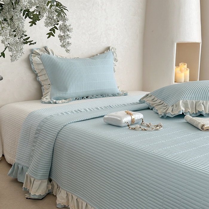 91家纺网 家纺一手货源 找家纺 琳可家居 2025新款轻法系列双层花边100%莱赛尔纤维床盖三件套可搭配同款被套（提供买家秀） 晴空蓝